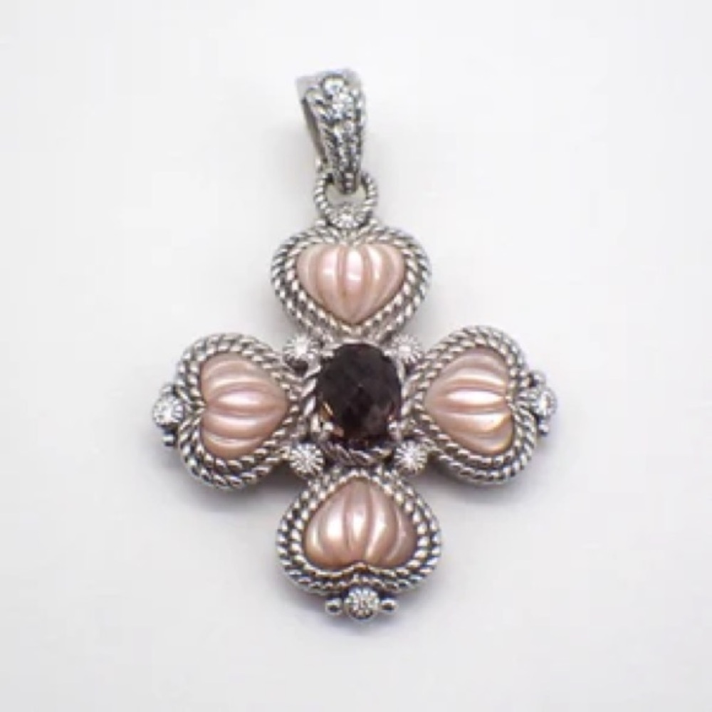 Judith Ripka Cross Enhancer Pendant,925 Silver,Pink Mother Of Pearl,Smoky Quartz